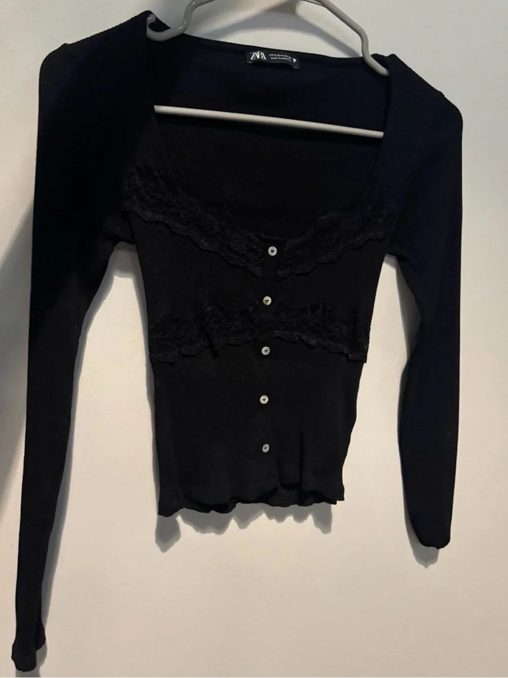 Zara Black Lace-Trim Ribbed Button-Up Long Sleeve Top